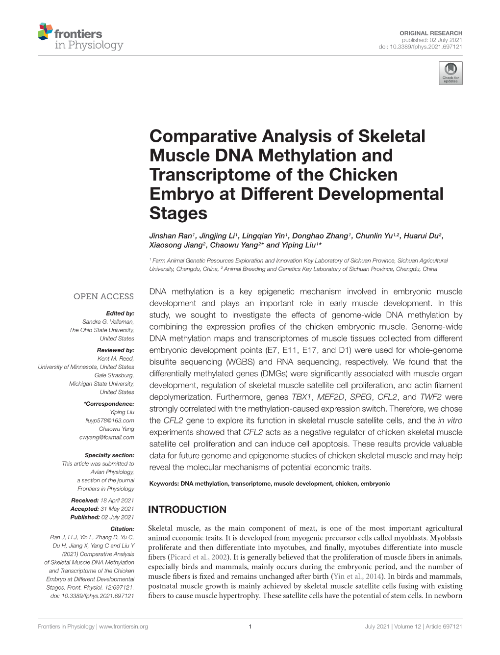 Comparative Analysis of Skeletal Muscle DNA Methylation and Transcriptome of the Chicken Embryo at Different Developmental Stages