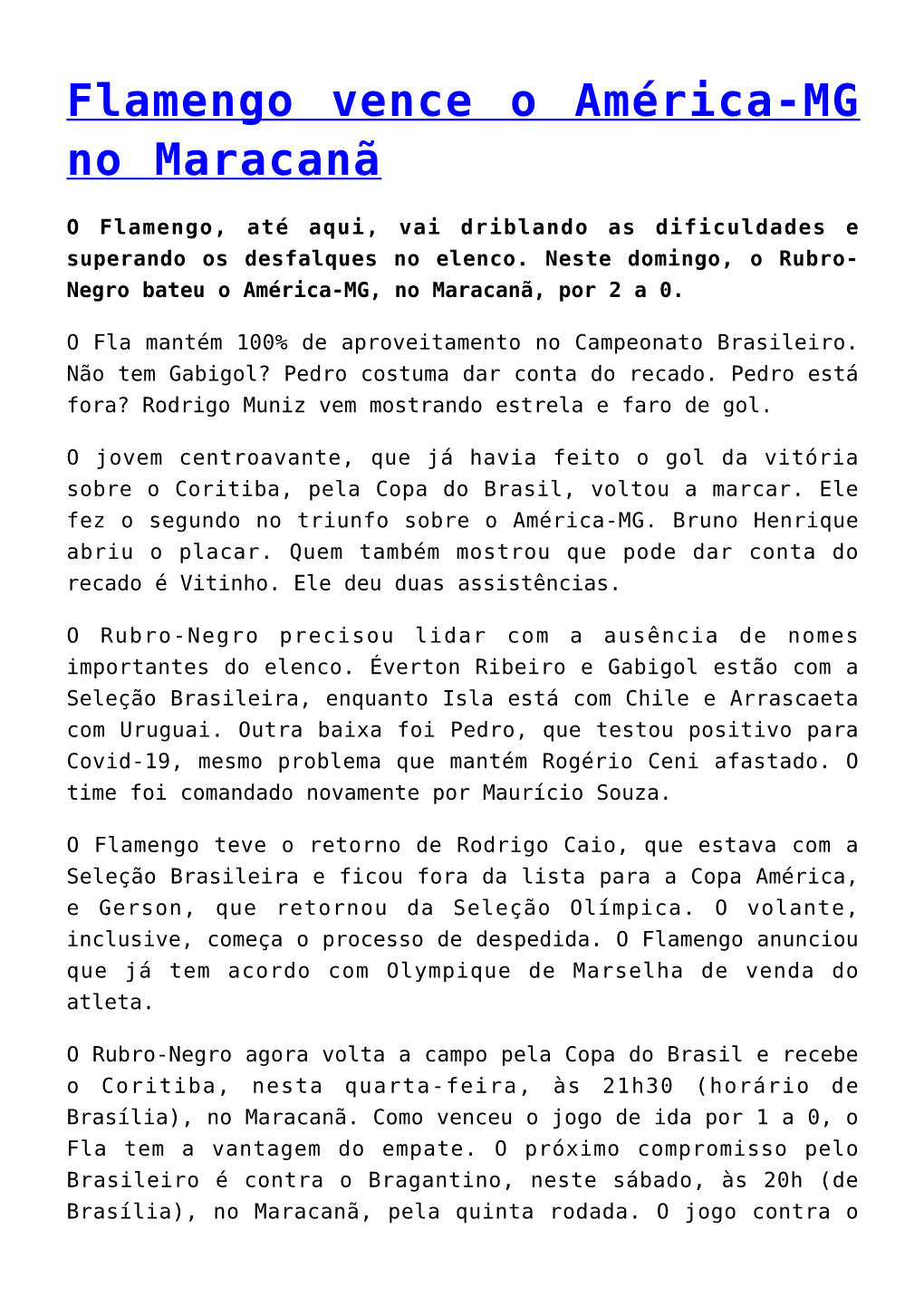 Flamengo Vence O América-MG No Maracanã