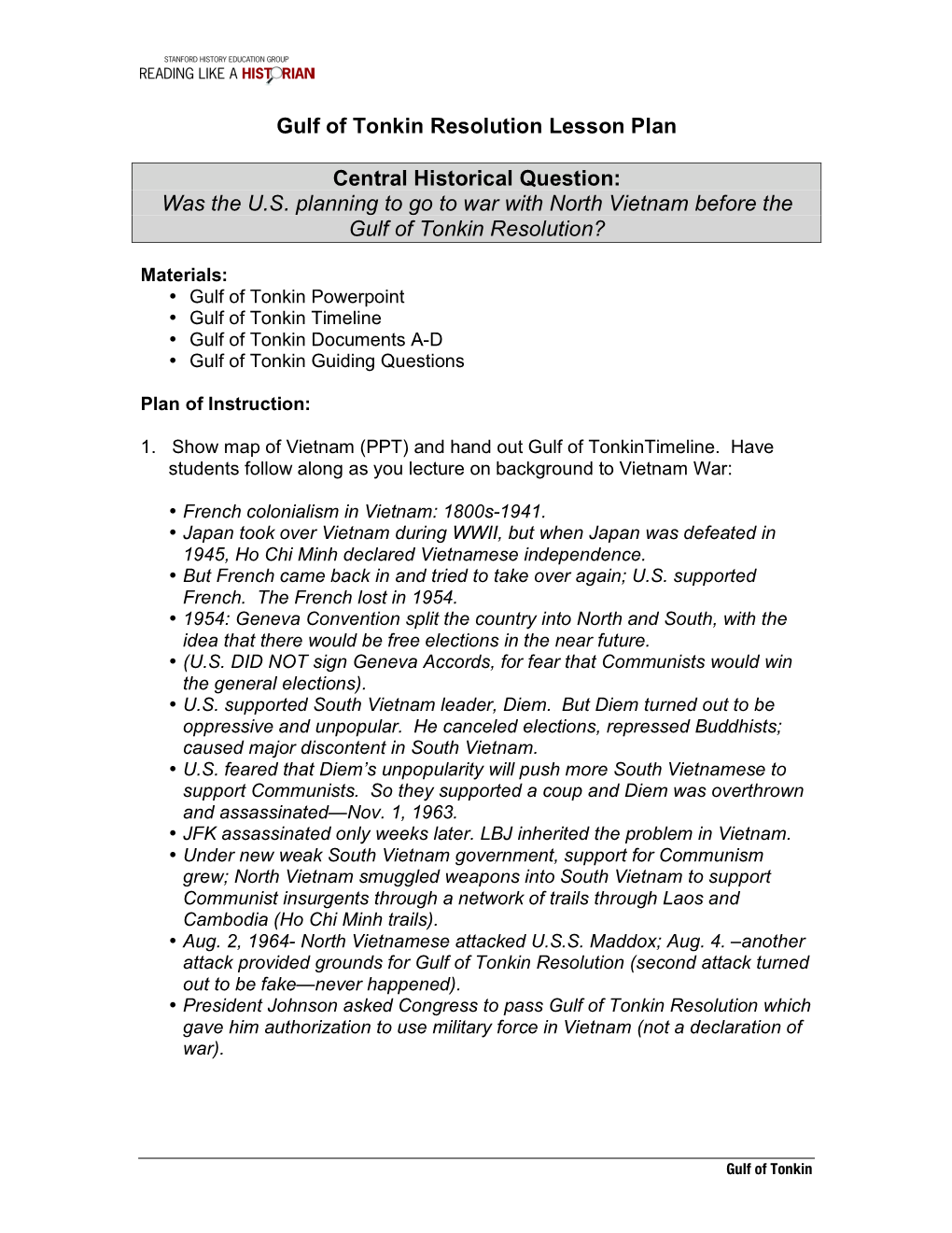 Gulf of Tonkin Resolution Lesson Plan Central Historical Question