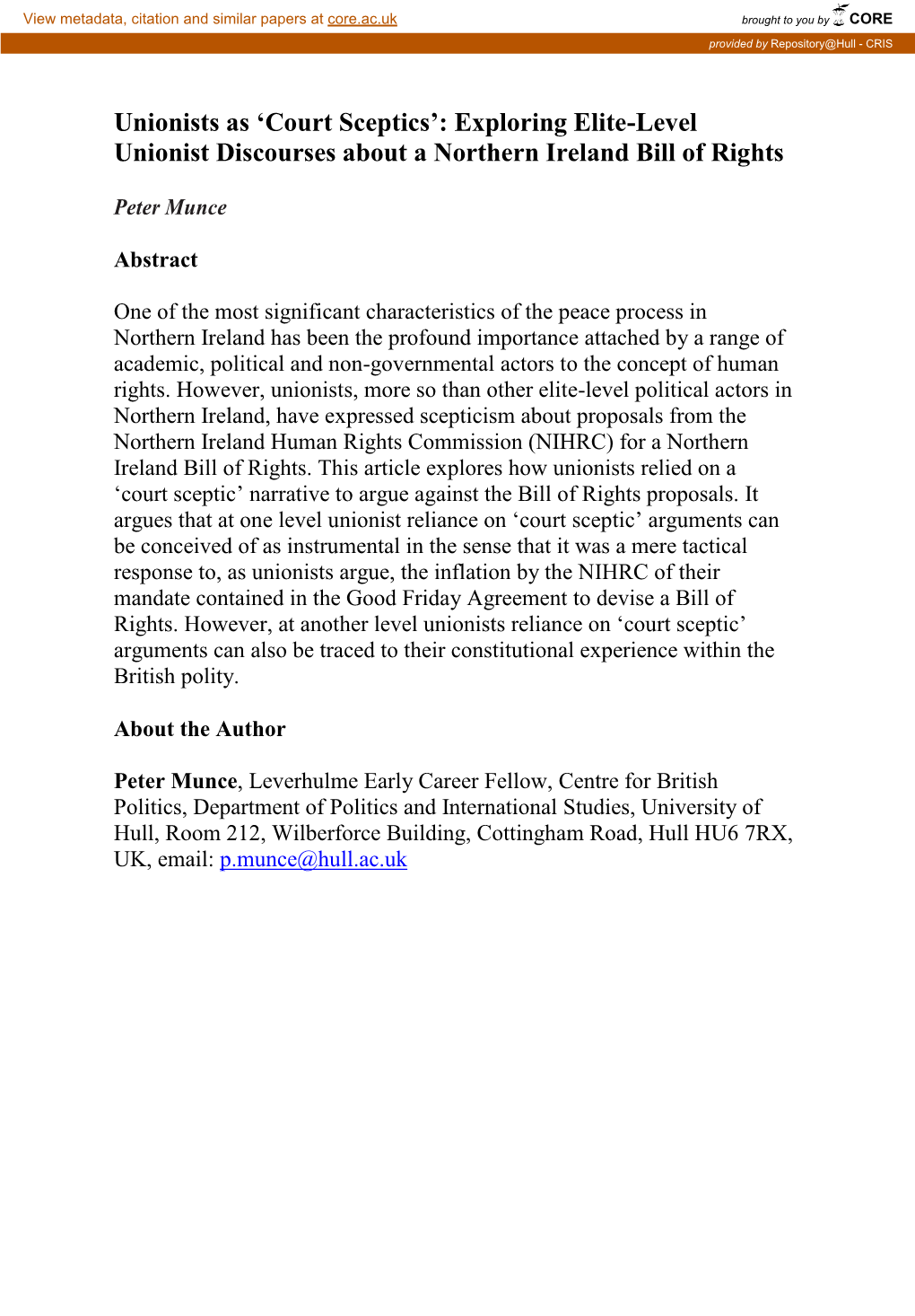 'Court Sceptics': Exploring Elite-Level Unionist Discourses About a Northern Ireland Bill of Rights