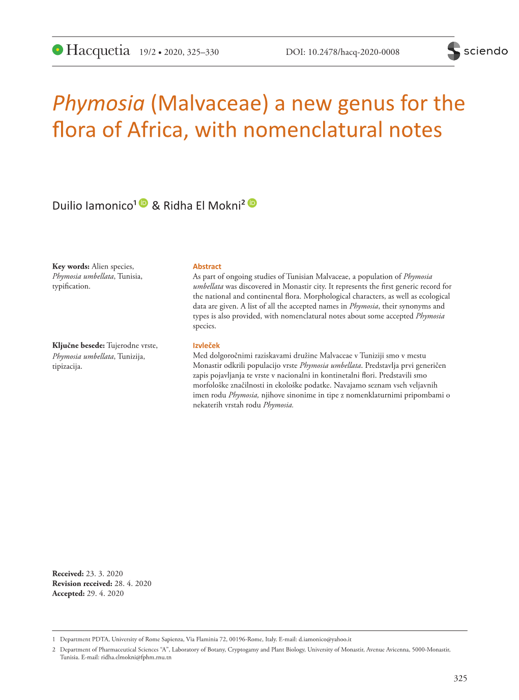 Phymosia (Malvaceae) a New Genus for the Flora of Africa, with Nomenclatural Notes