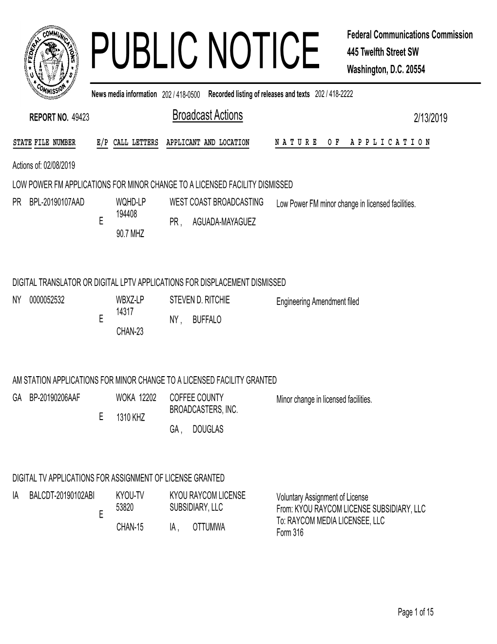 Broadcast Actions 2/13/2019