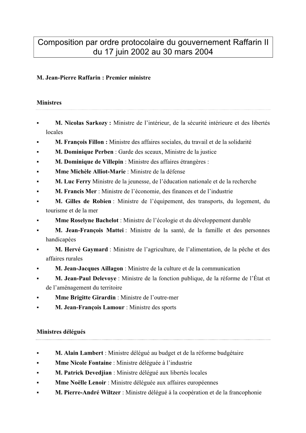 Composition Par Ordre Protocolaire Du Gouvernement Raffarin II Du 17 Juin 2002 Au 30 Mars 2004