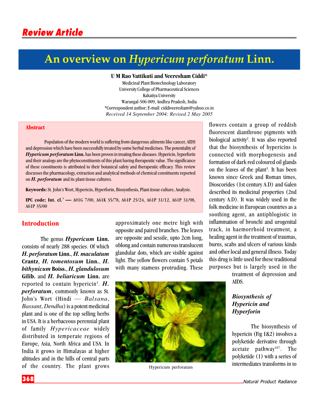 An Overview on Hypericum Perforatum Linn