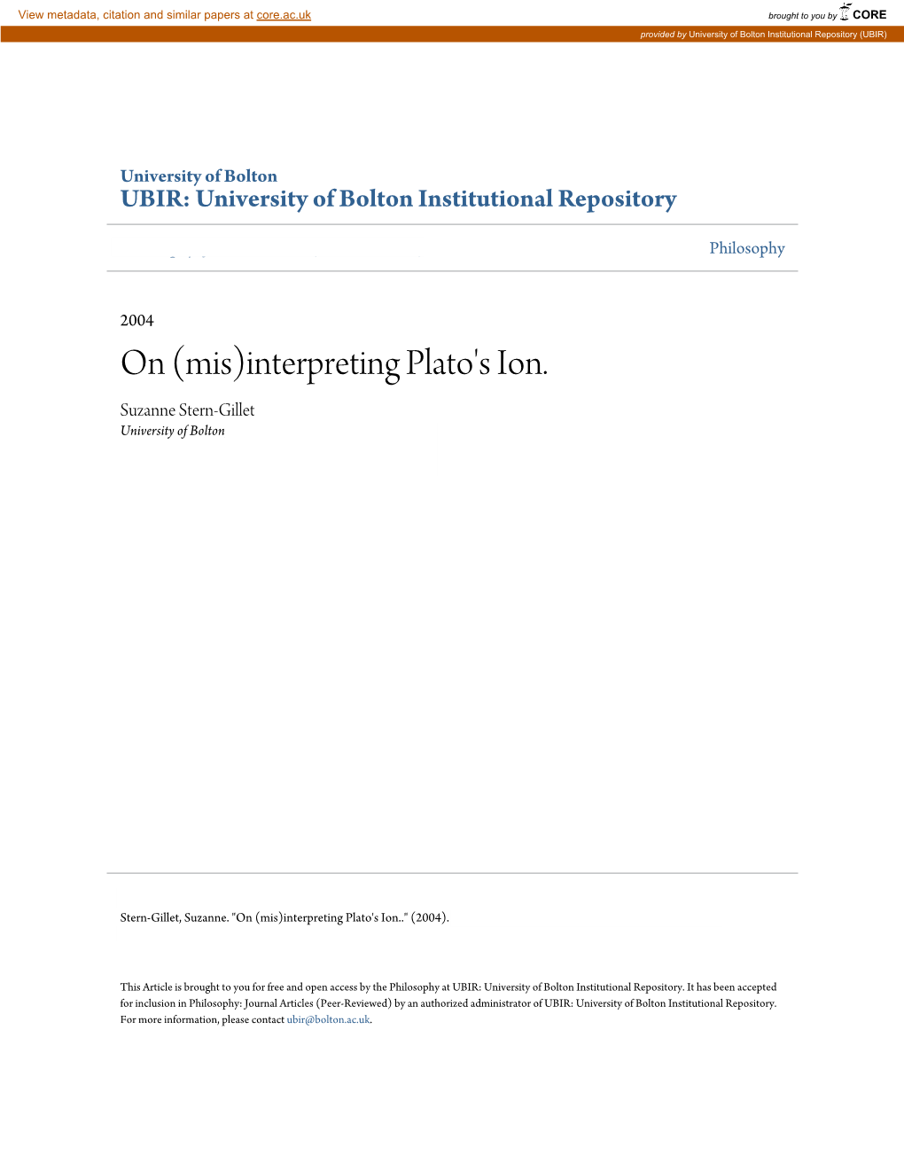 Interpreting Plato's Ion. Suzanne Stern-Gillet University of Bolton, S.Stern-Gillet@Bolton.Ac.Uk
