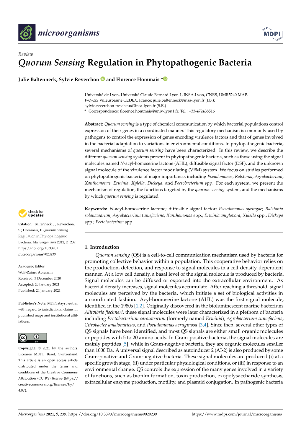 Quorum Sensing Regulation in Phytopathogenic Bacteria