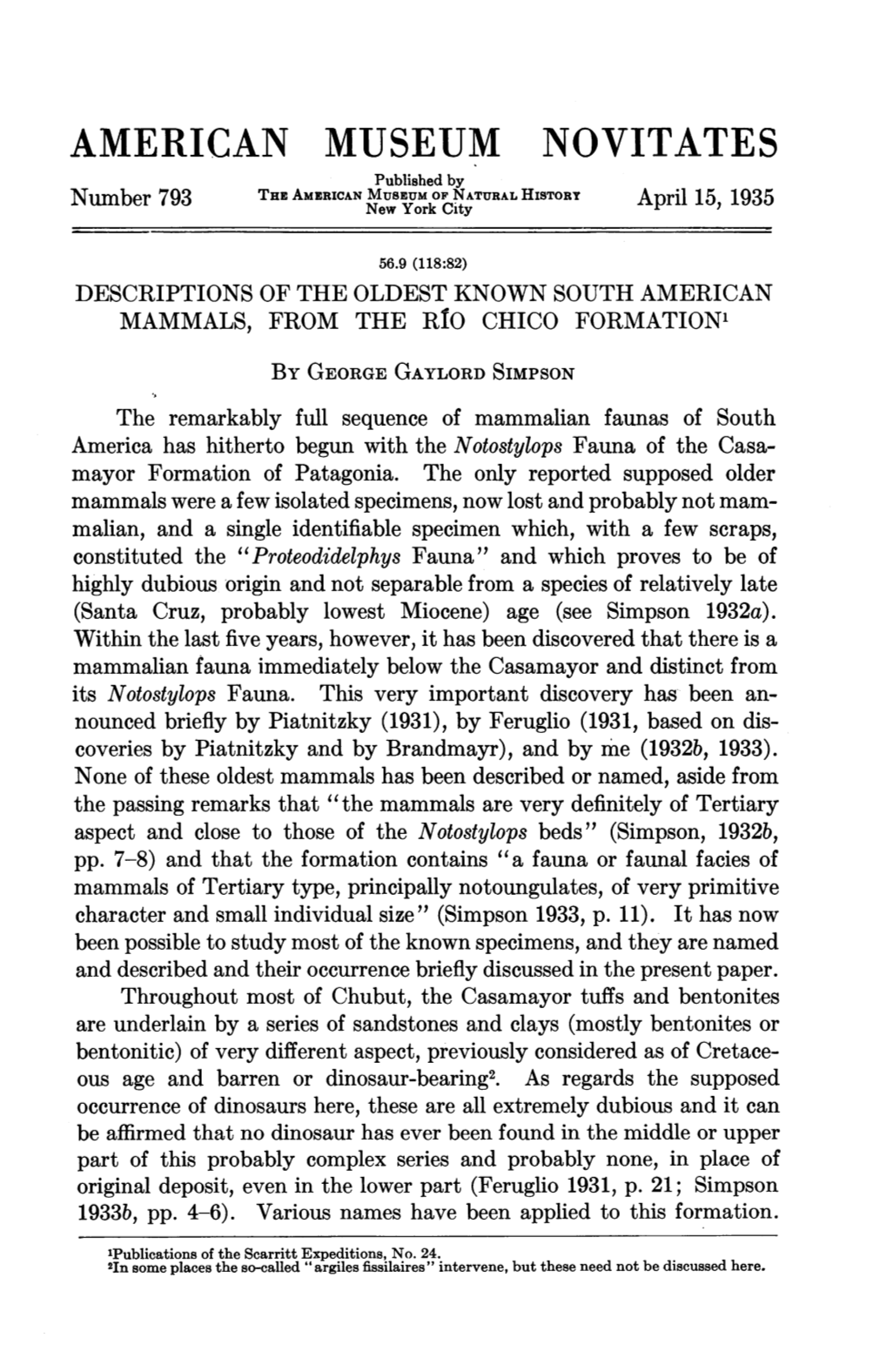 AMERICAN MUSEUM NOVITATES Published by the MUSEUM of NATURAL HISTORY Number 793 American New York City April 15, 1935