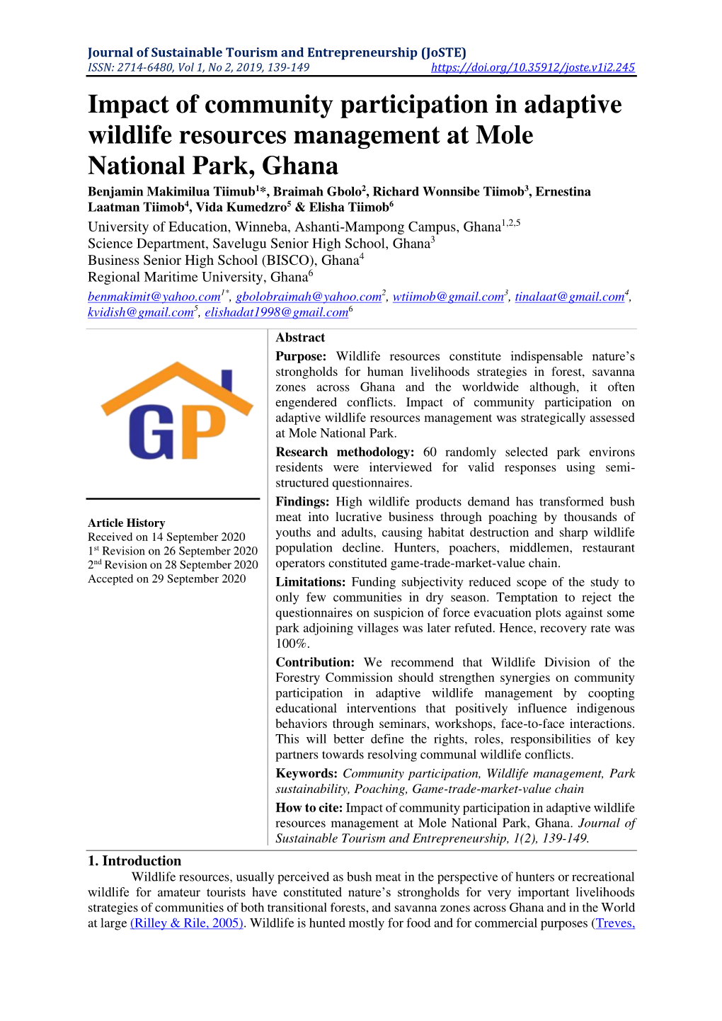 Impact of Community Participation in Adaptive Wildlife Resources Management at Mole National Park, Ghana