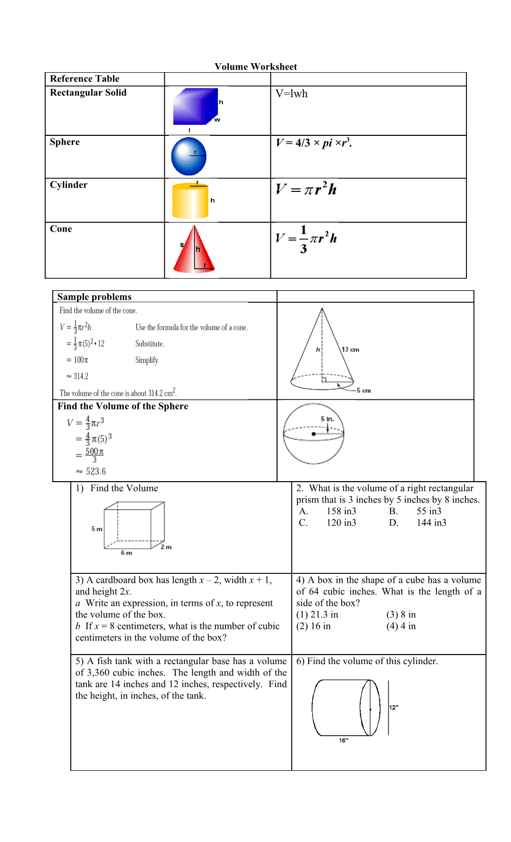 Volume Worksheet