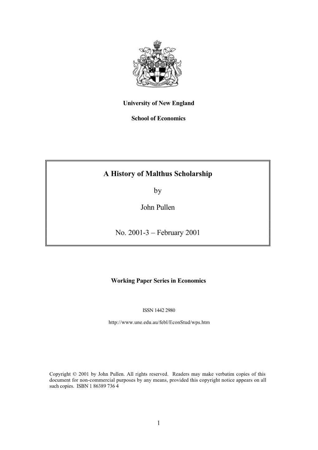 A History of Malthus Scholarship by John Pullen No. 2001-3