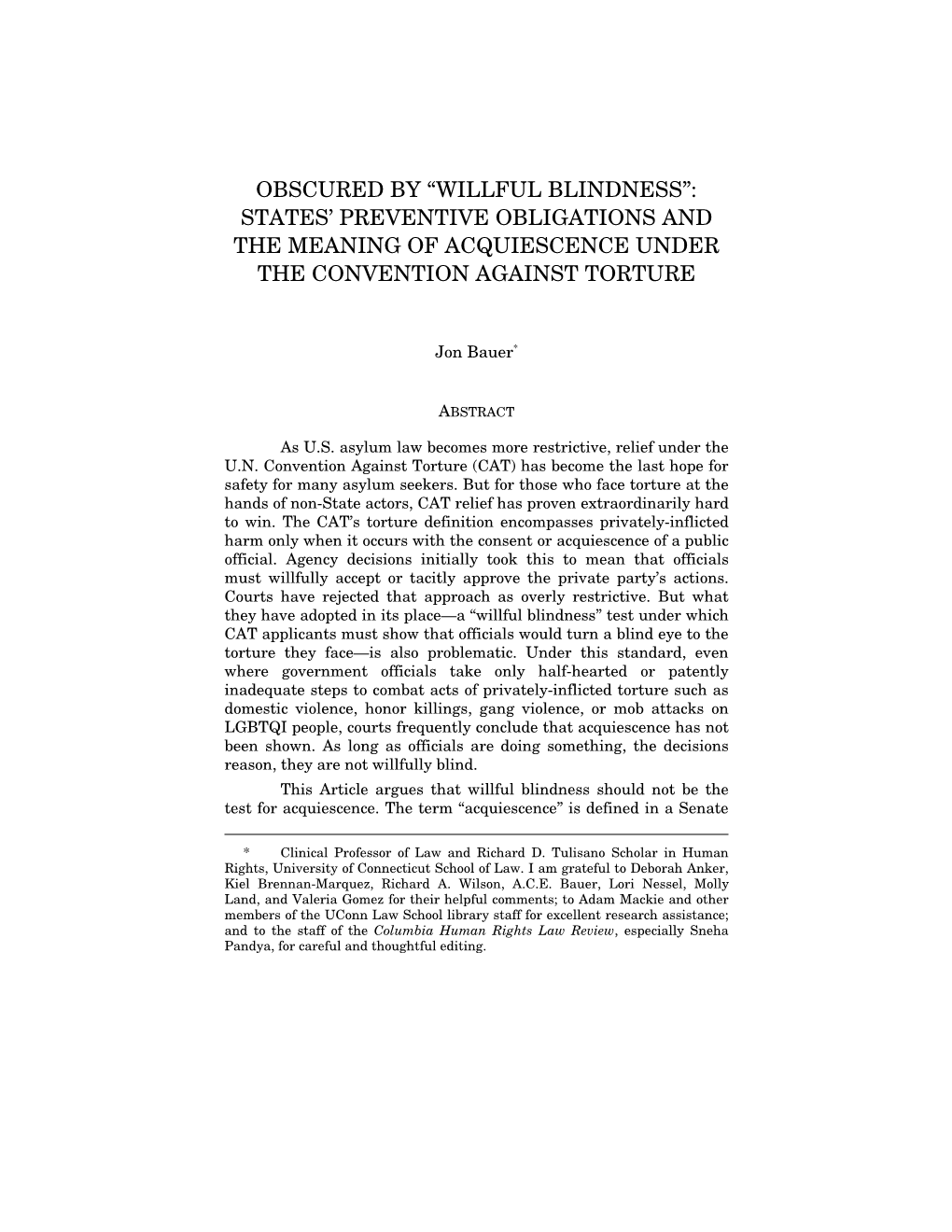 Willful Blindness”: States’ Preventive Obligations and the Meaning of Acquiescence Under the Convention Against Torture