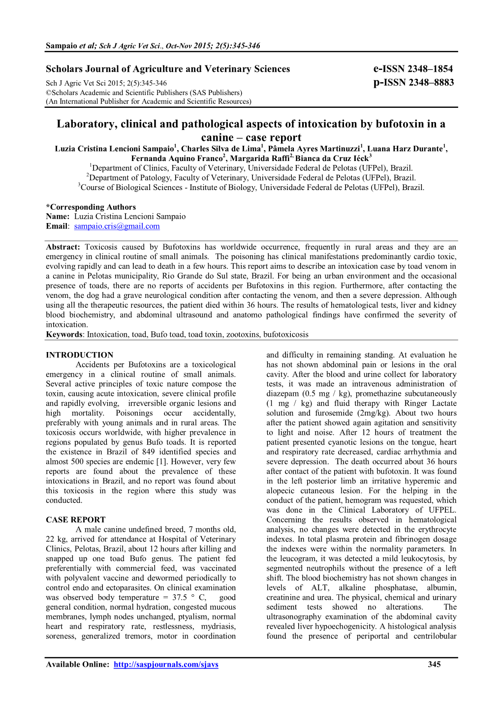 Laboratory, Clinical and Pathological Aspects of Intoxication by Bufotoxin