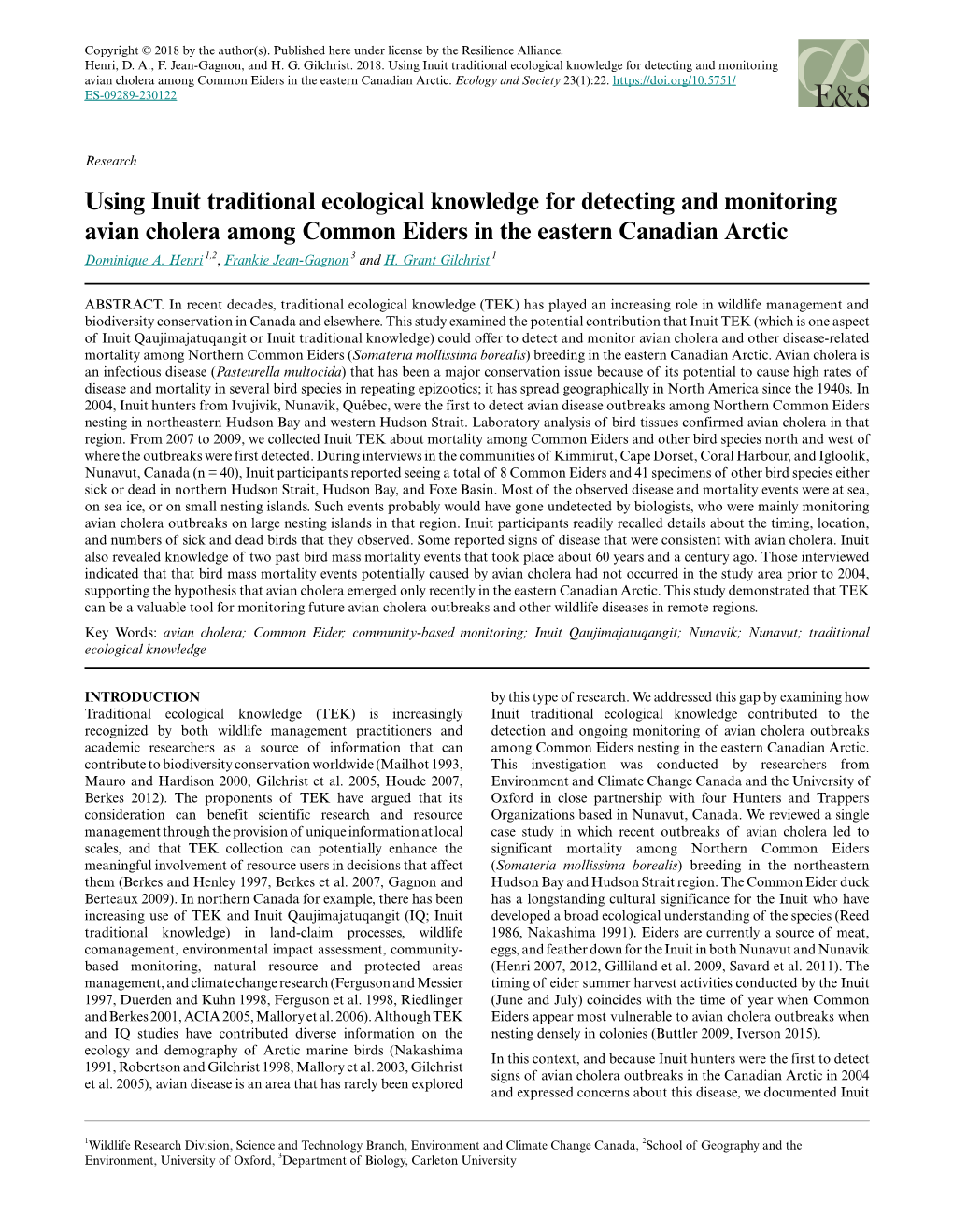 Using Inuit Traditional Ecological Knowledge for Detecting and Monitoring Avian Cholera Among Common Eiders in the Eastern Canadian Arctic