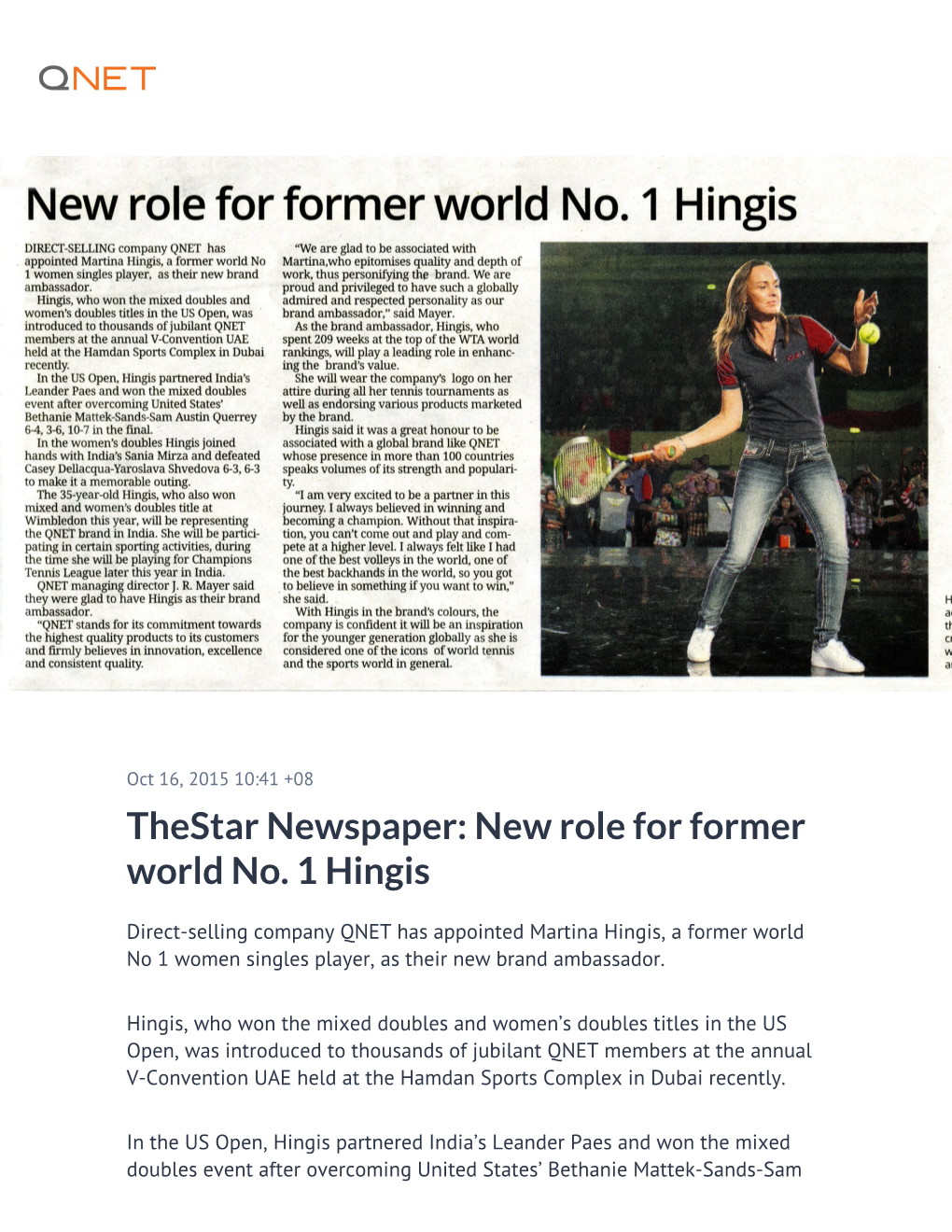 Thestar Newspaper: New Role for Former World No. 1 Hingis