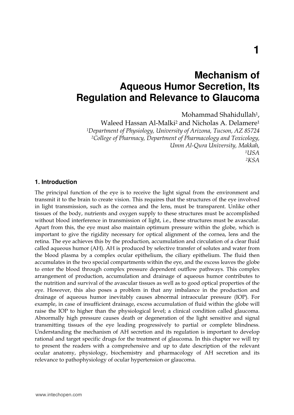 Mechanism of Aqueous Humor Secretion, Its Regulation and Relevance to Glaucoma