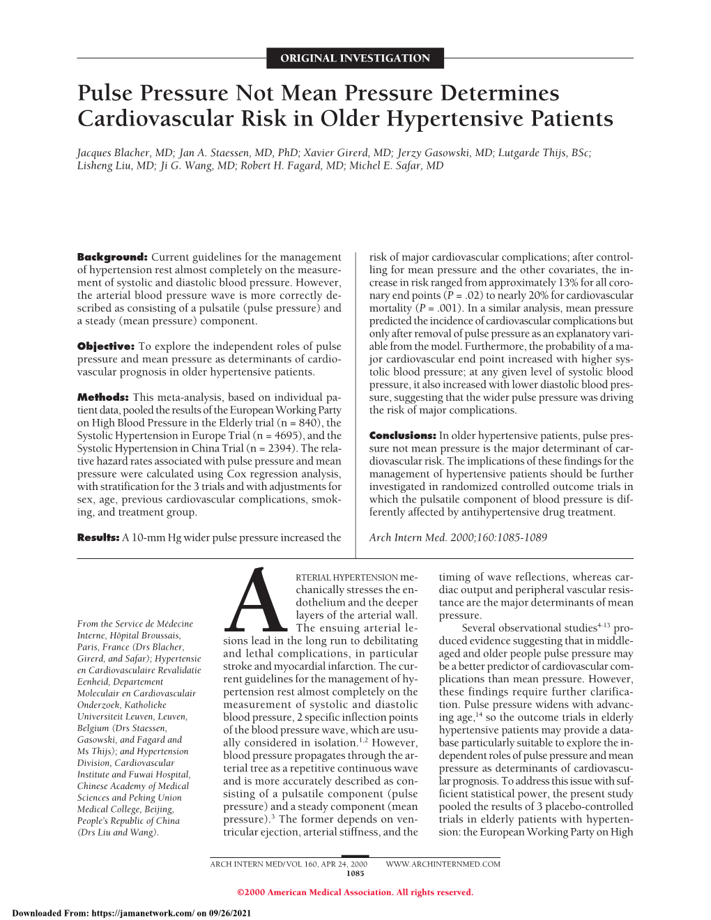 Pulse Pressure Not Mean Pressure Determines Cardiovascular Risk in Older Hypertensive Patients