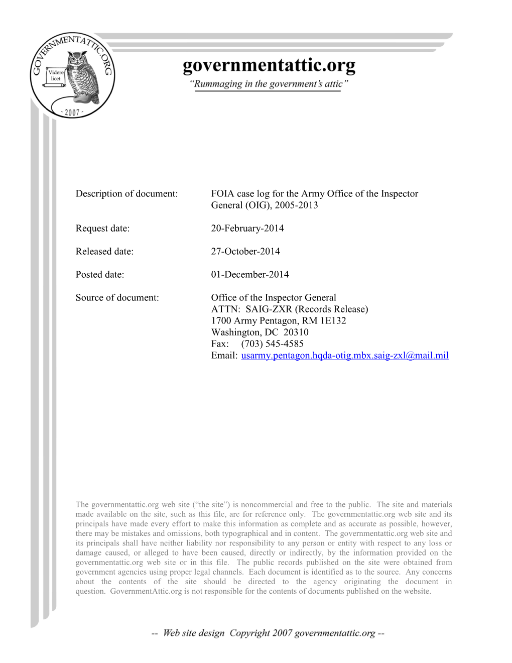 FOIA Case Log for the Army Office of the Inspector General (OIG), 2005-2013