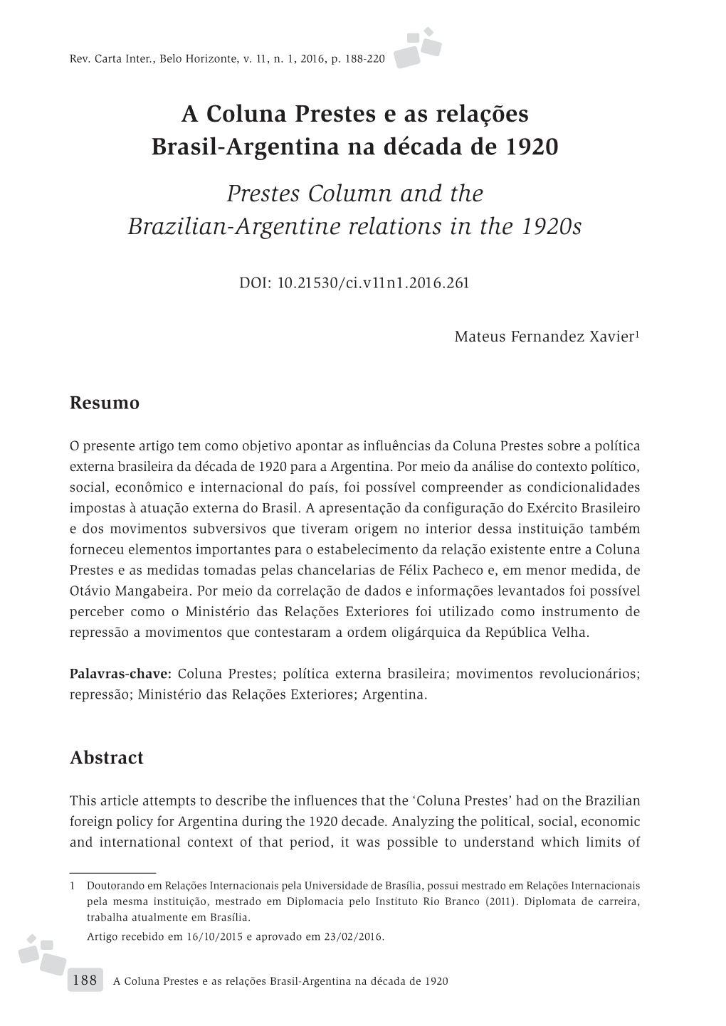 As Influências Da Coluna Prestes Sobre a Política Externa Brasileira Da Década De 1920 Para a Argentina