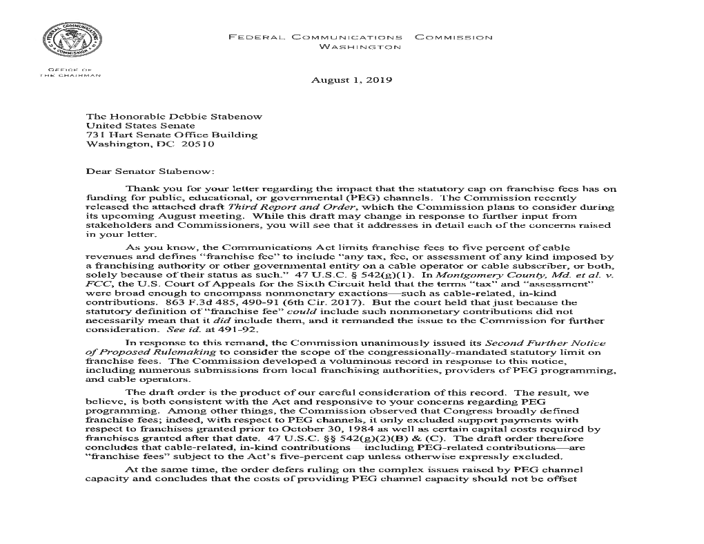 The Honorable Debbie Stabenow United States Senate 731 Hart Senate Office Building Washington, DC 20510 Dear Senator Stabenow