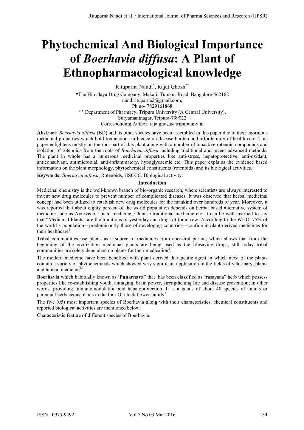 Phytochemical and Biological Importance of Boerhavia Diffusa: A