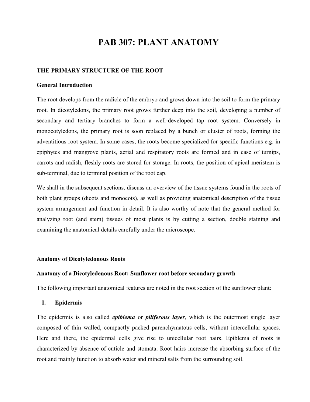 Pab 307: Plant Anatomy