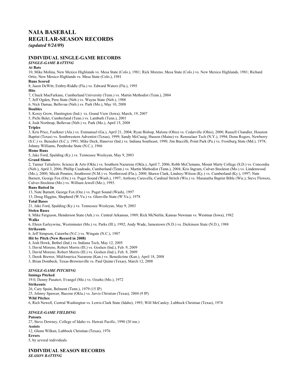 NAIA BASEBALL REGULAR-SEASON RECORDS (Updated 9/24/09)