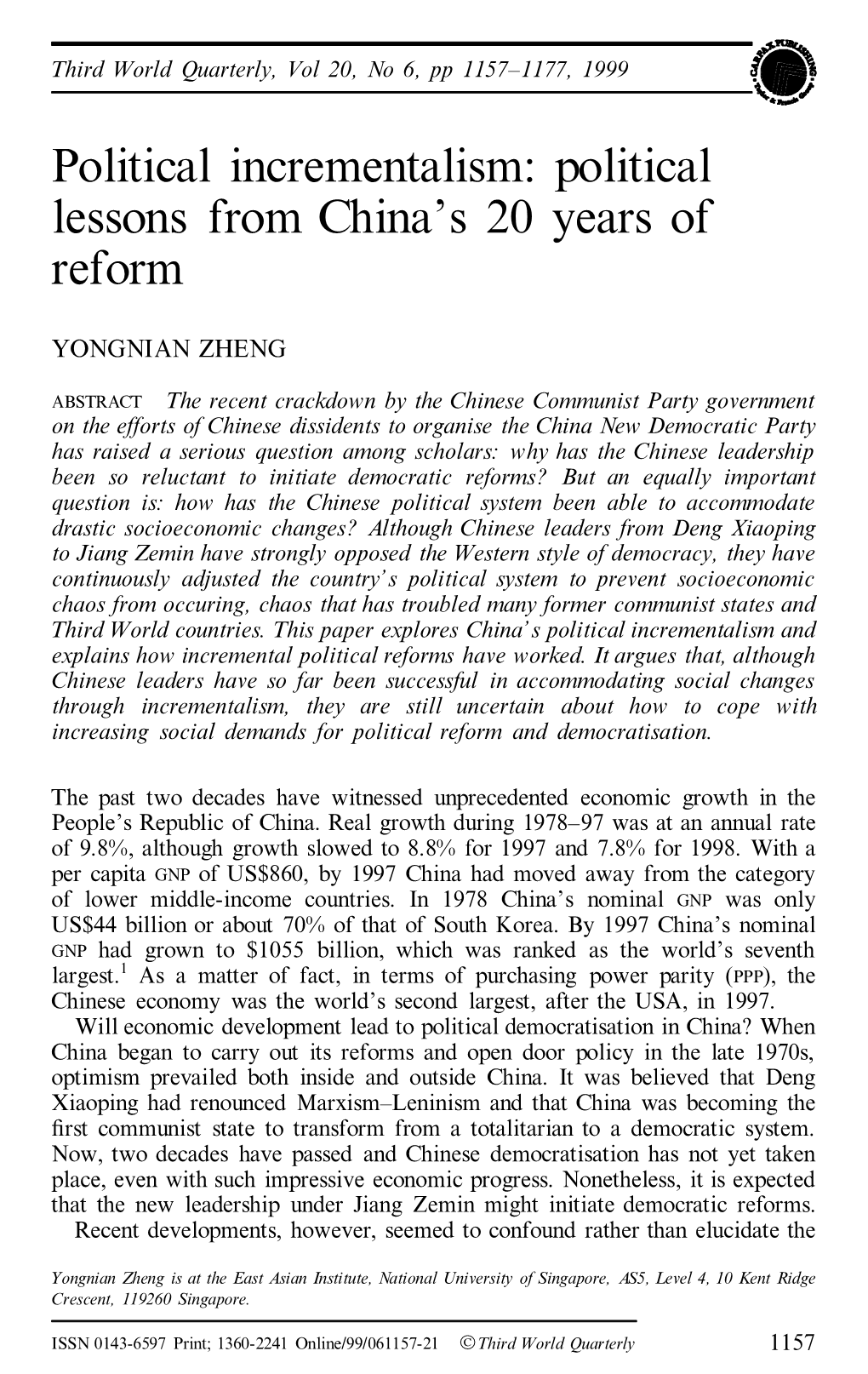 Political Lessons from China's 20 Years of Reform