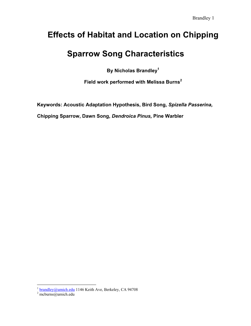 Effects of Habitat and Location on Chipping Sparrow Song Characteristics