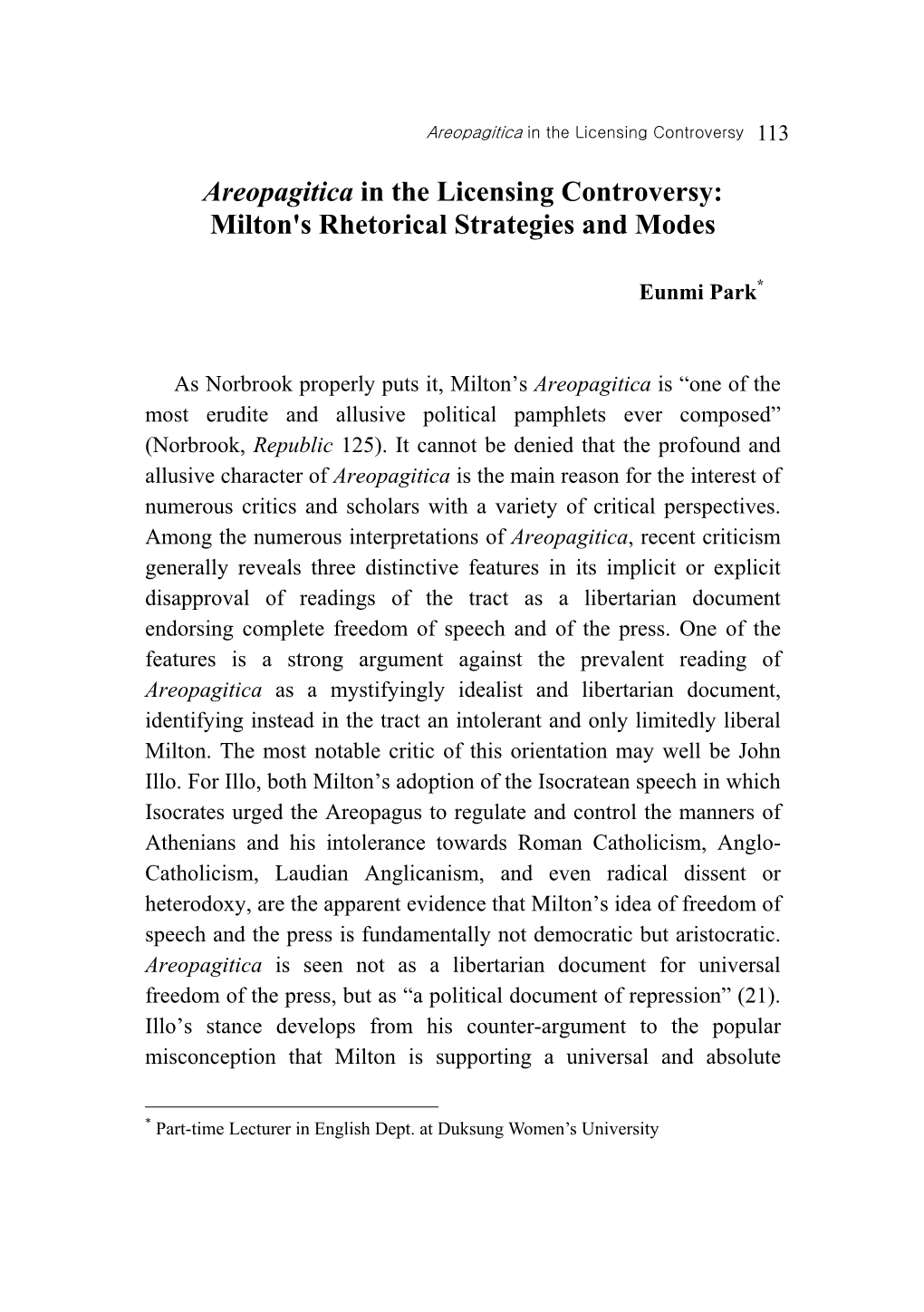 Areopagitica in the Licensing Controversy: Milton's Rhetorical Strategies and Modes