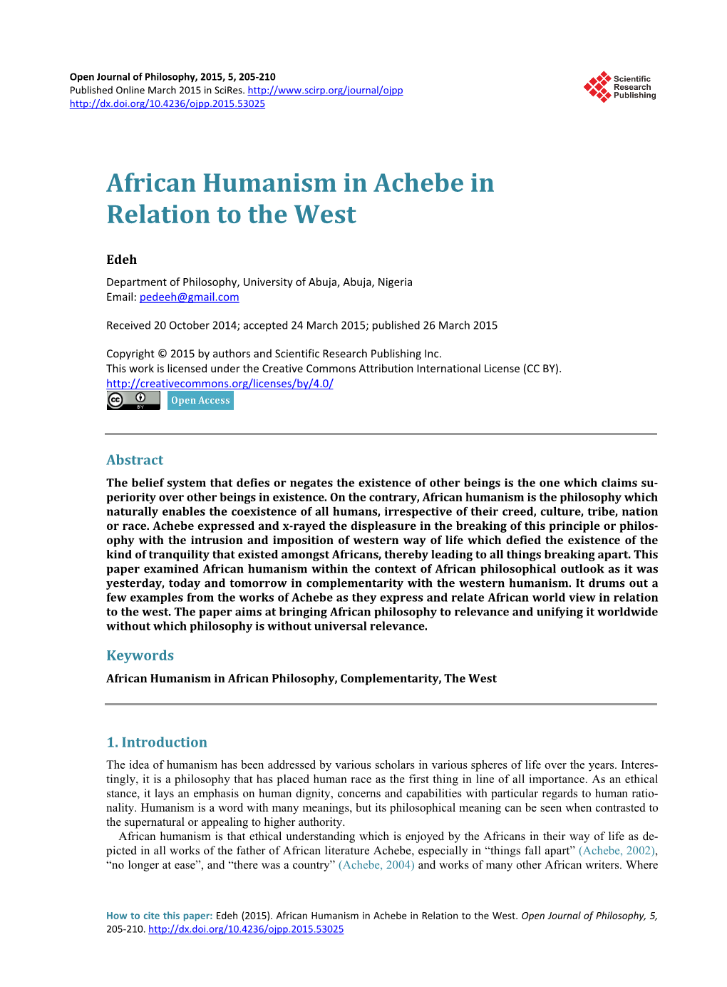 African Humanism in Achebe in Relation to the West