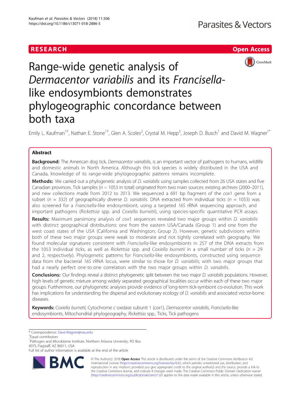 Range-Wide Genetic Analysis of Dermacentor Variabilis and Its Francisella- Like Endosymbionts Demonstrates Phylogeographic Concordance Between Both Taxa Emily L