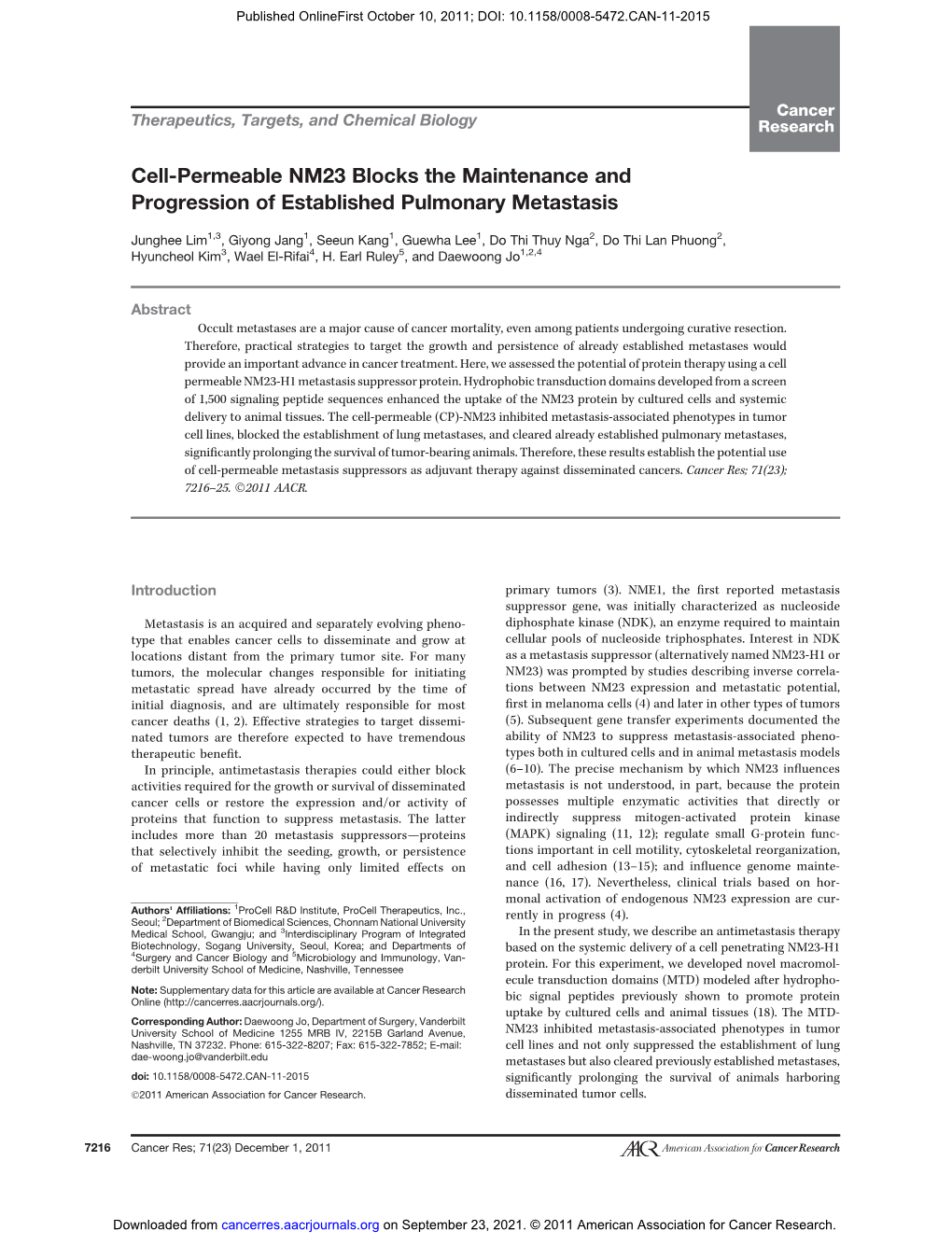 Cell-Permeable NM23 Blocks the Maintenance and Progression of Established Pulmonary Metastasis