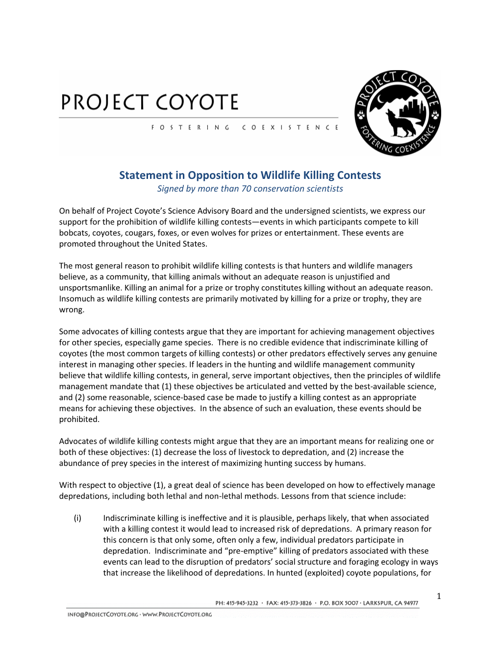 Statement in Opposition to Wildlife Killing Contests Signed by More Than 70 Conservation Scientists