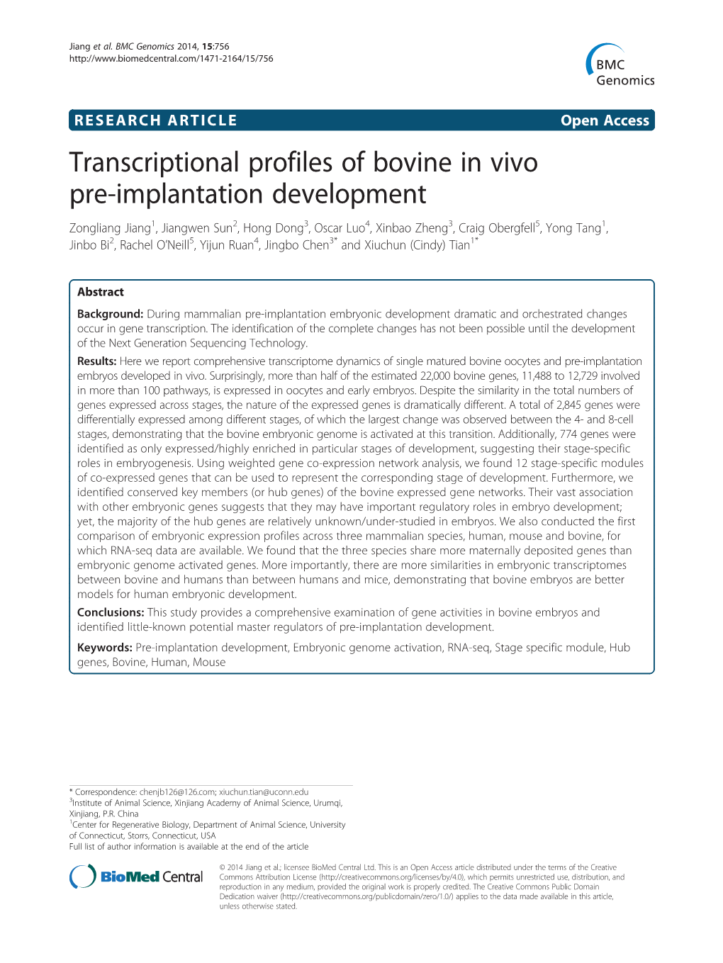 Transcriptional Profiles of Bovine in Vivo Pre-Implantation