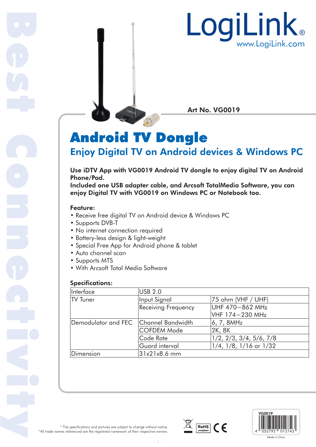 Android TV Dongle to Enjoy Digital TV on Android Use Idtv App with VG0019 Phone/Pad