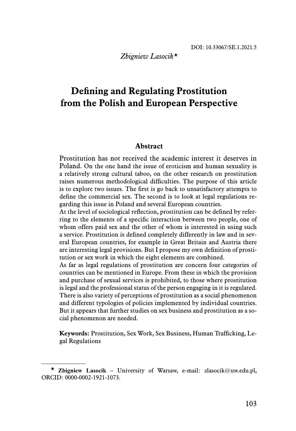 Defining and Regulating Prostitution from the Polish and European