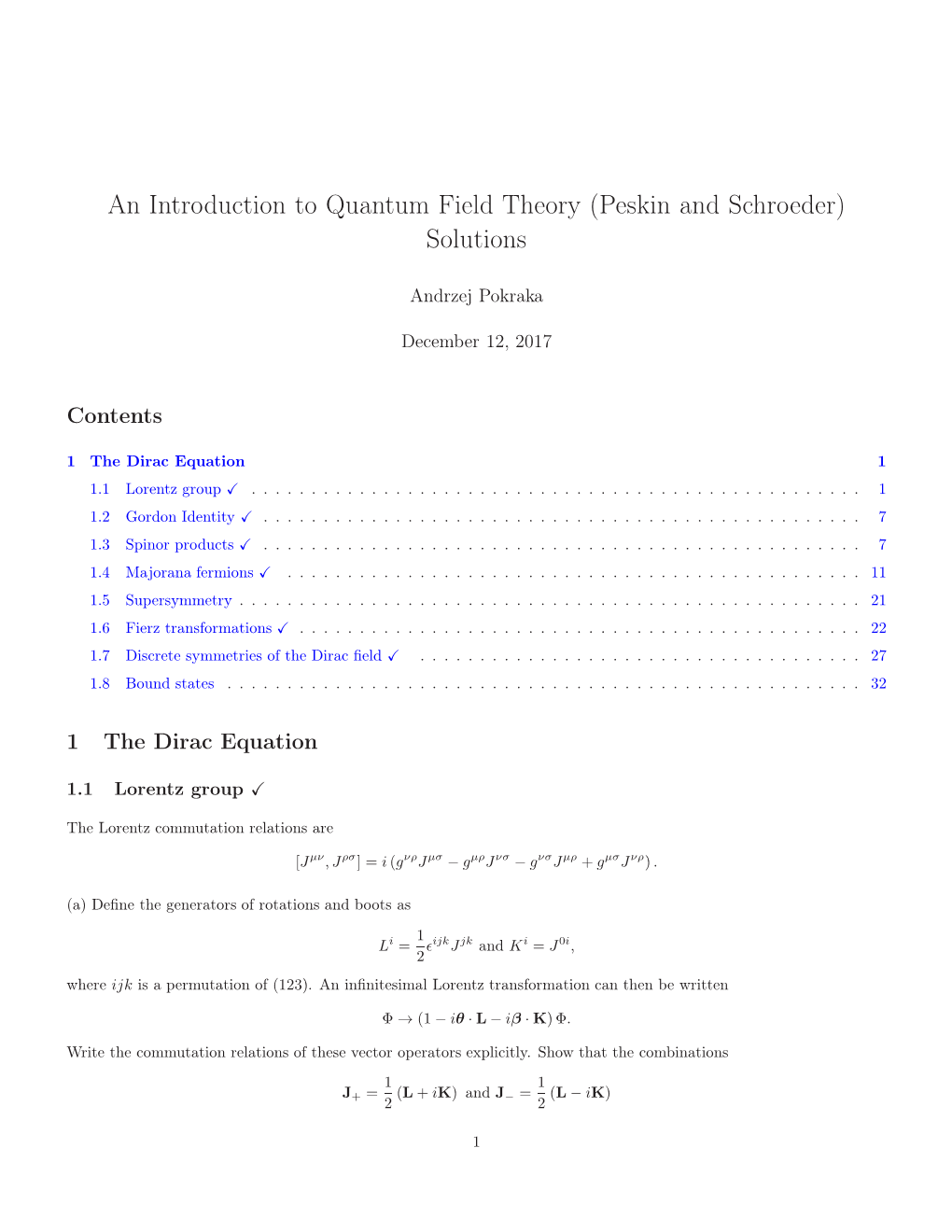 An Introduction to Quantum Field Theory (Peskin and Schroeder) Solutions