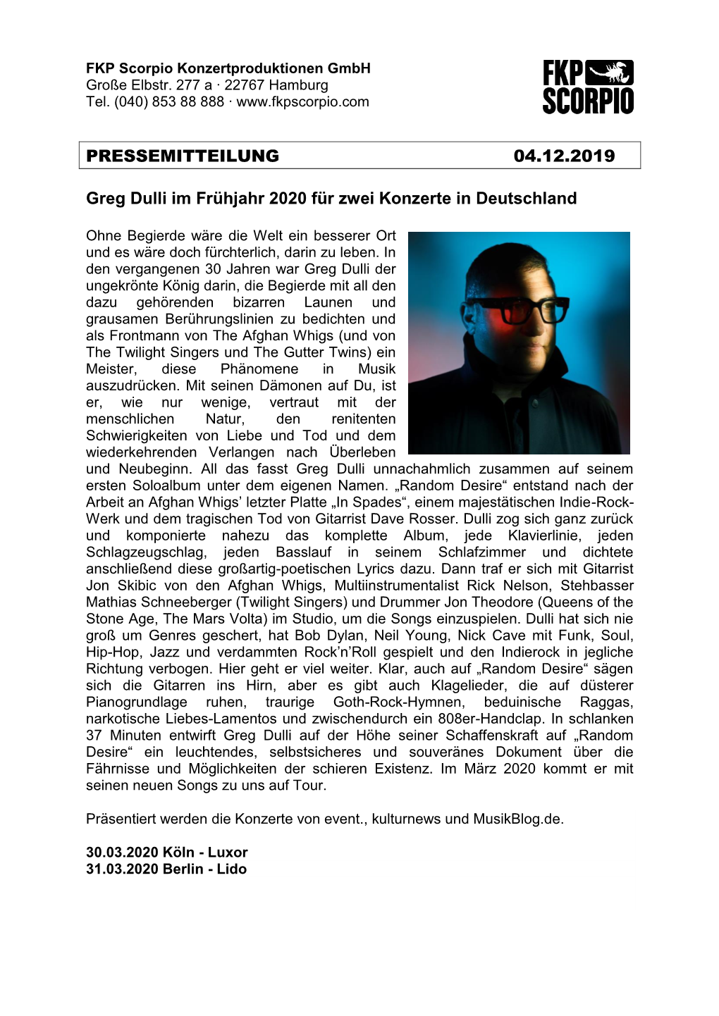 PM GREG DULLI 04.12.2019 PRESSEMATERIAL Download