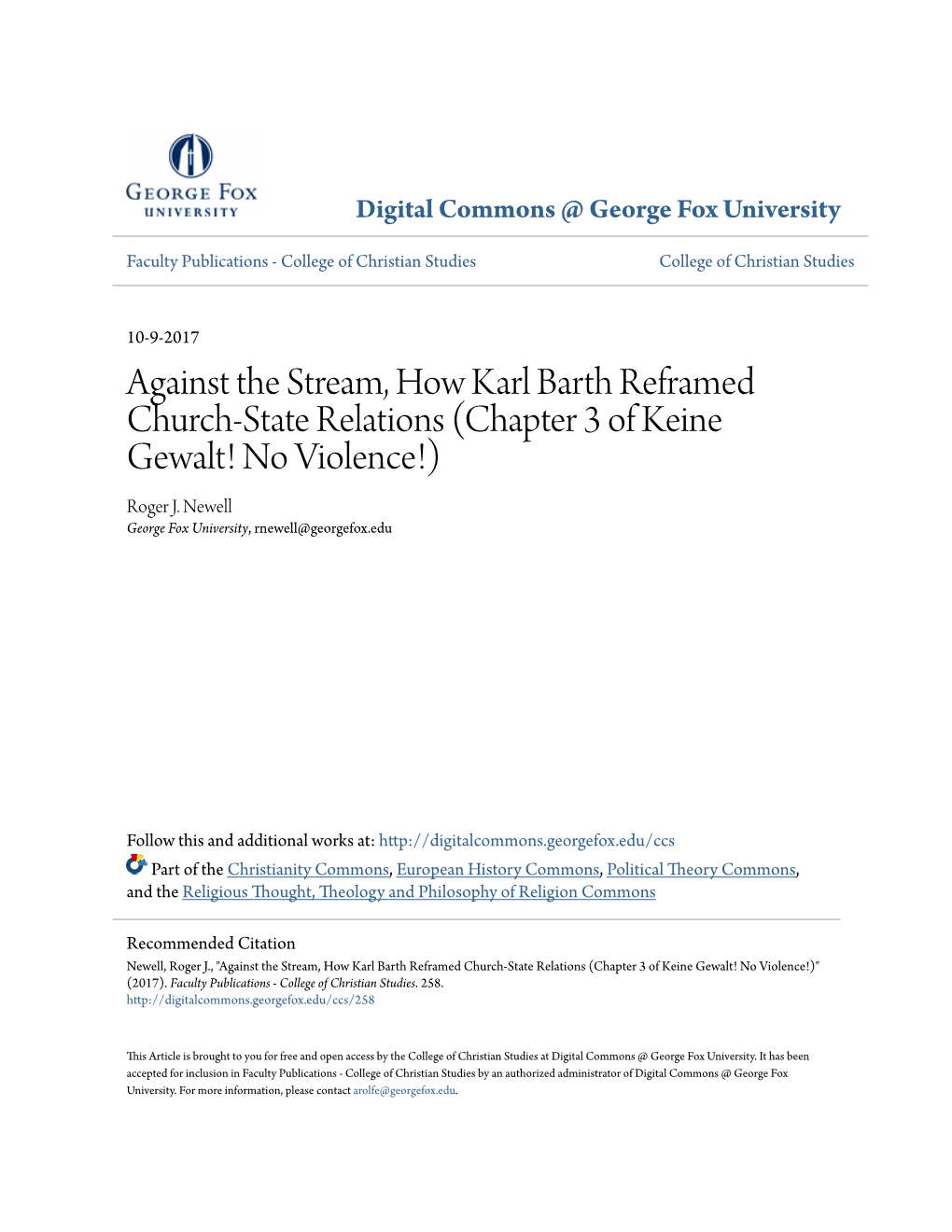 Against the Stream, How Karl Barth Reframed Church-State Relations (Chapter 3 of Keine Gewalt! No Violence!) Roger J