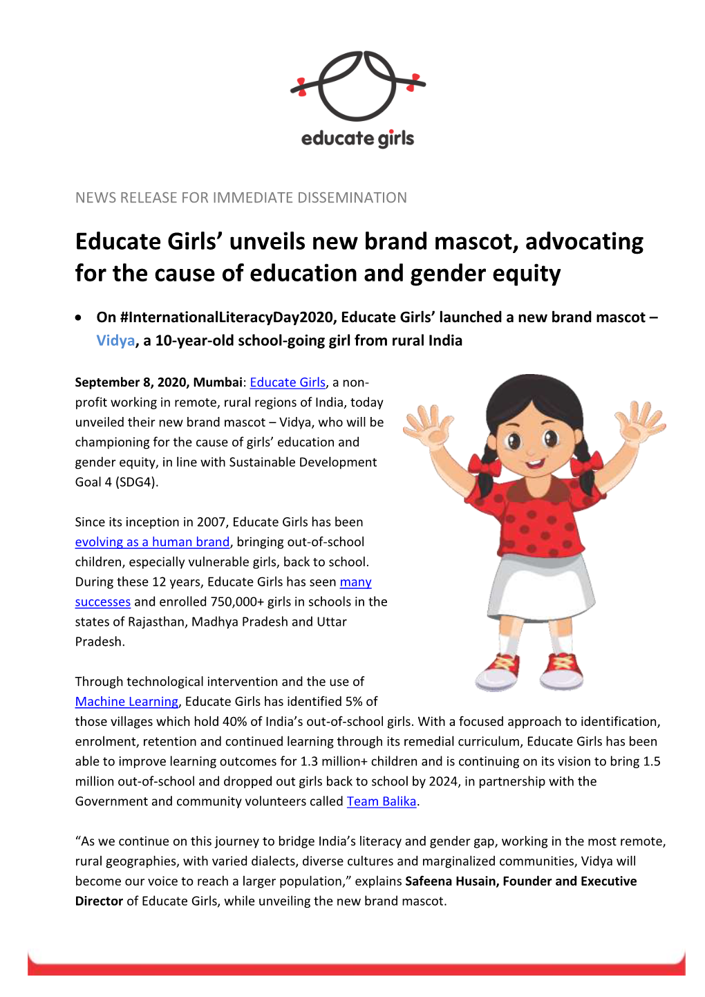 Educate Girls' Unveils New Brand Mascot, Advocating for the Cause Of