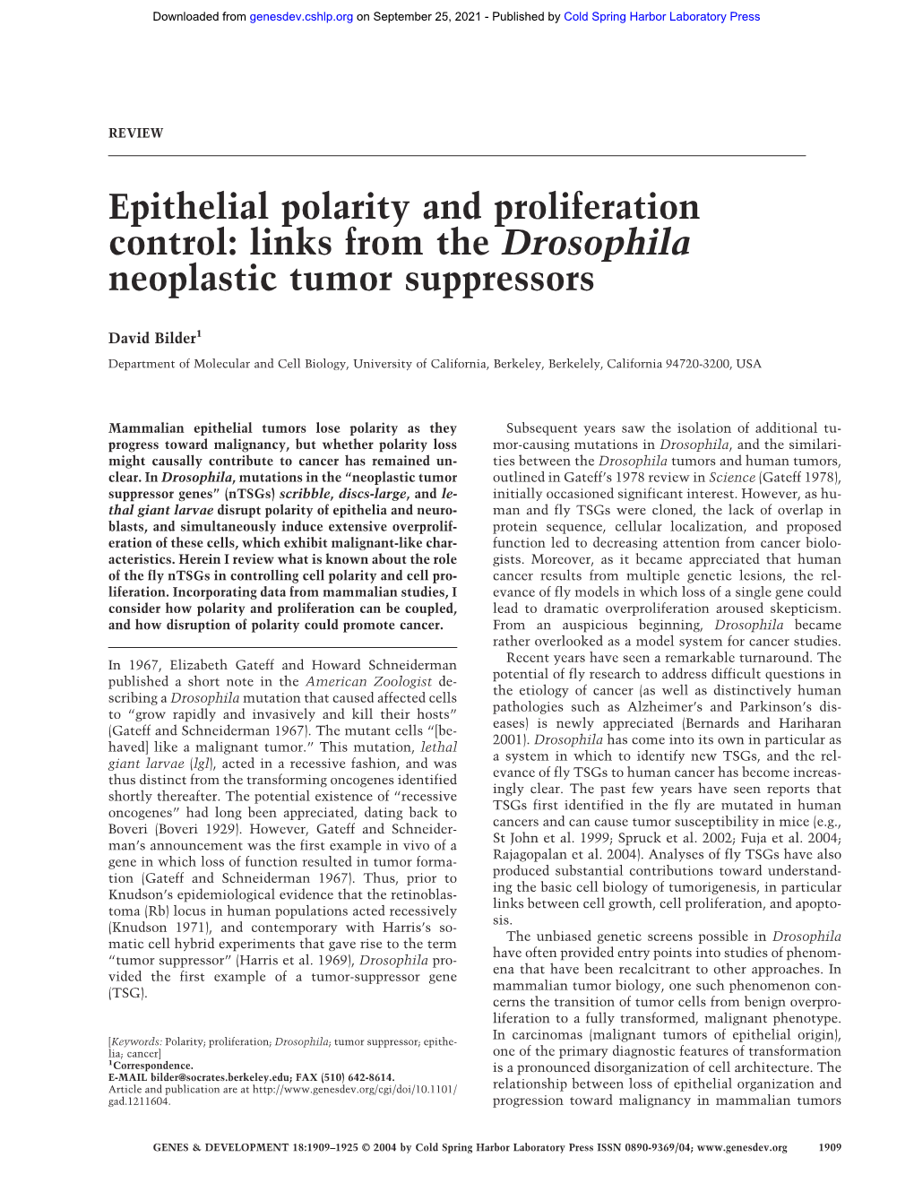 Epithelial Polarity and Proliferation Control: Links from the Drosophila Neoplastic Tumor Suppressors