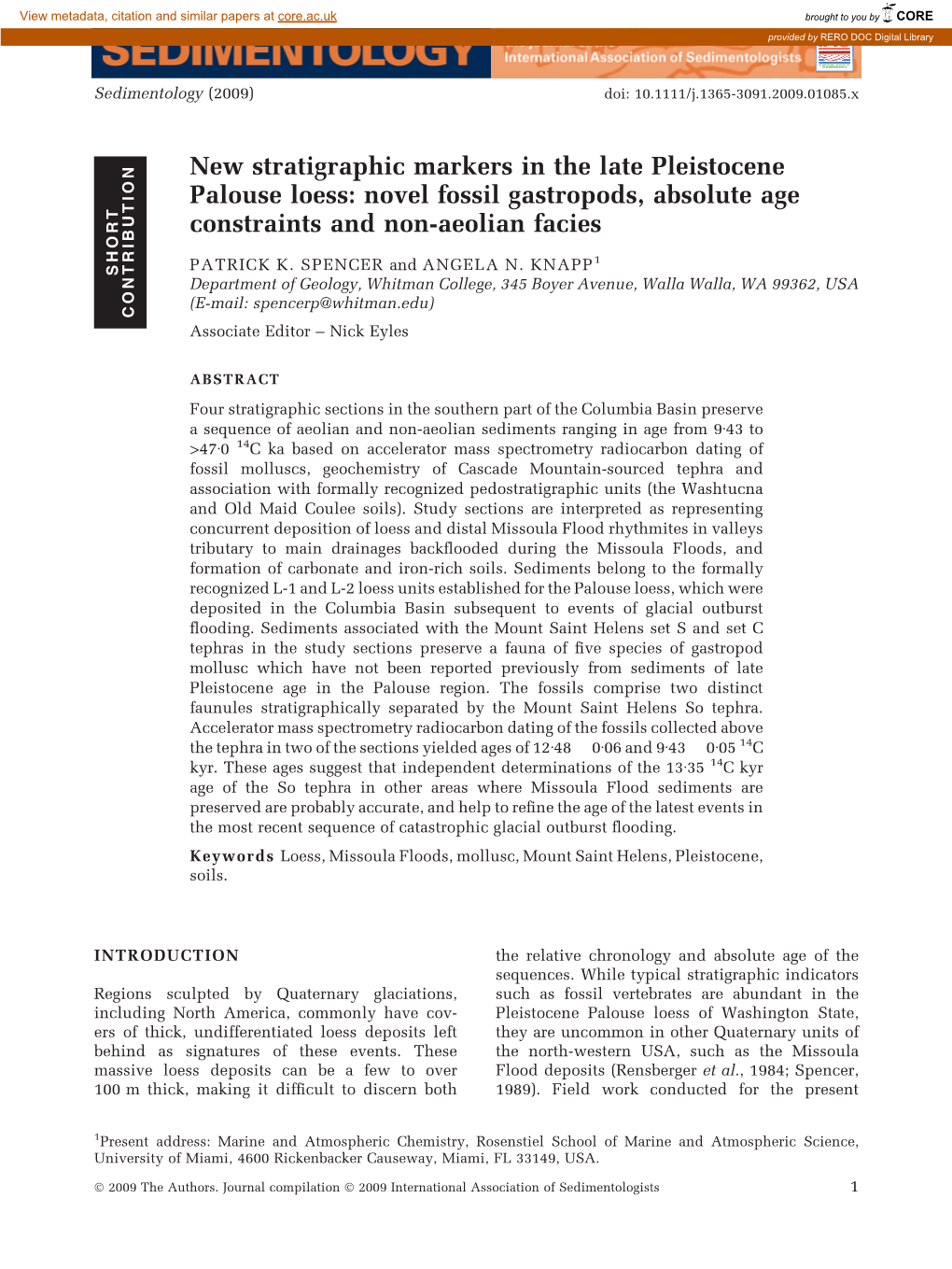 New Stratigraphic Markers in the Late Pleistocene Palouse Loess: Novel Fossil Gastropods, Absolute Age Constraints and Non-Aeolian Facies