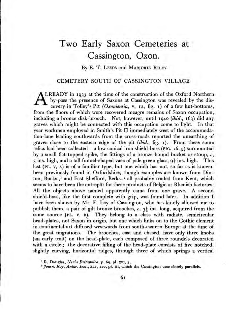 Two Early Saxon Cemeteries at Cassington, Oxon