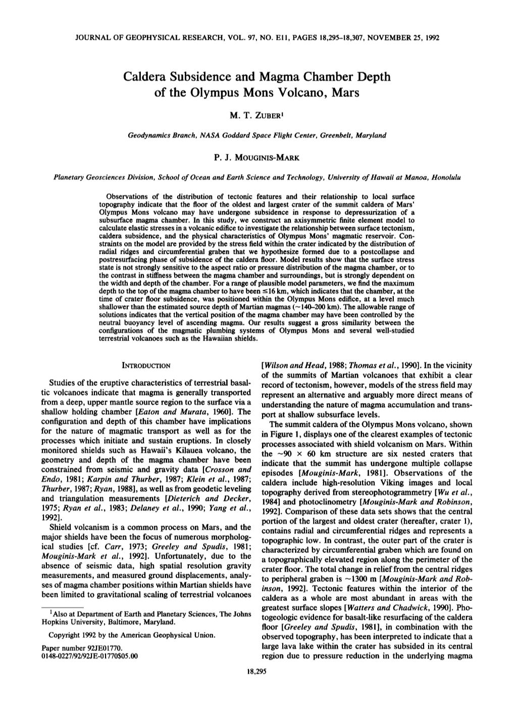 Caldera Subsidence and Magma Chamber Depth of the Olympus Mons Volcano, Mars