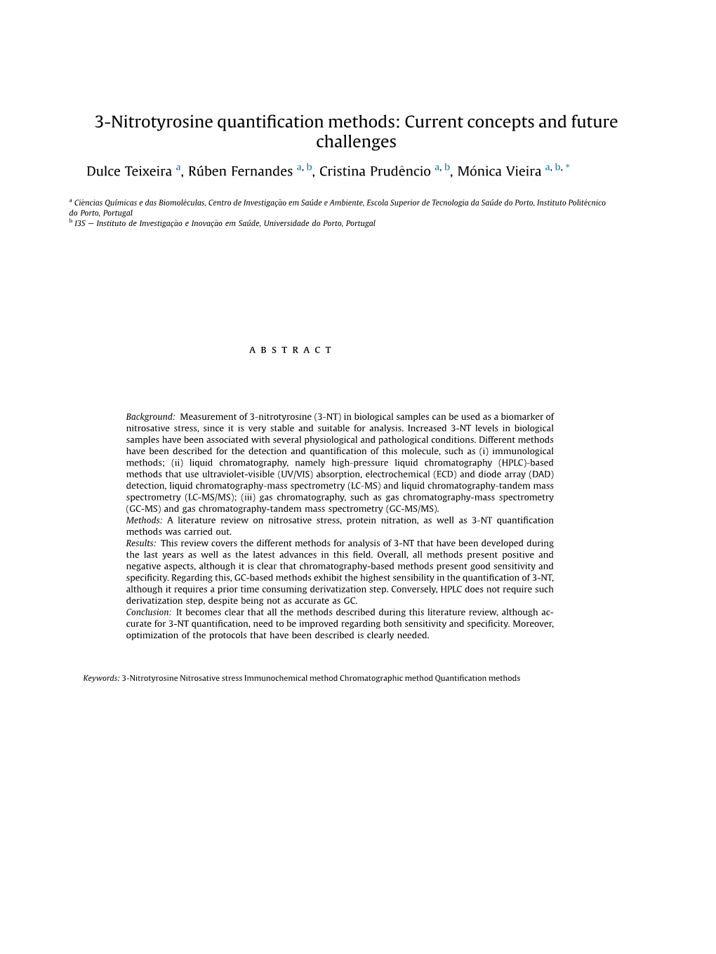 3-Nitrotyrosine Quantification Methods: Current Concepts and Future Challenges