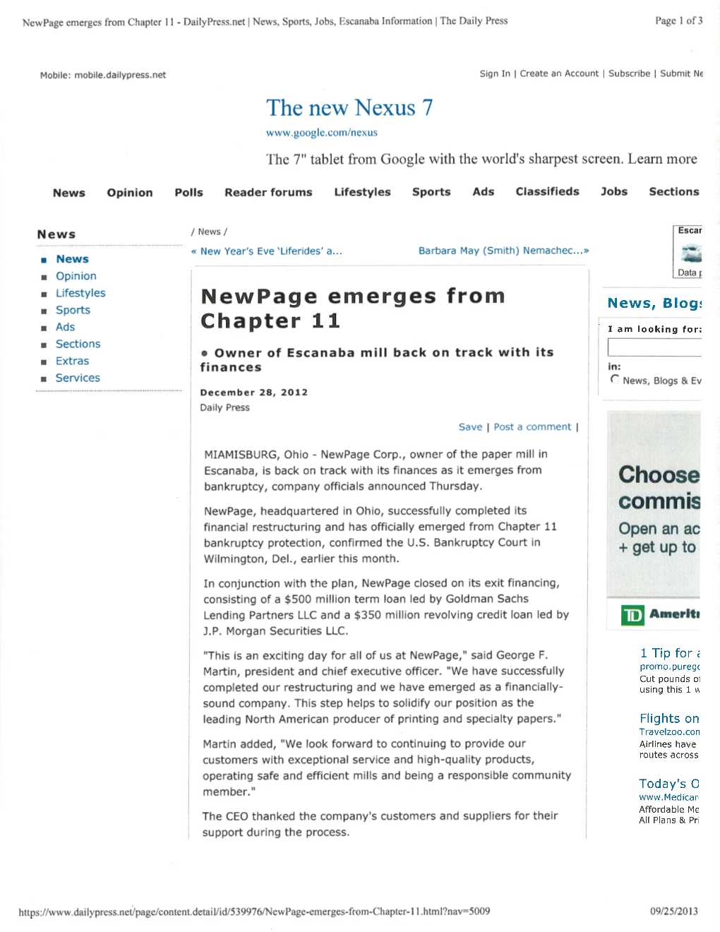 Escanaba Paper Company Which Is a Subsidiary of Newpage Corp., According to Website Information