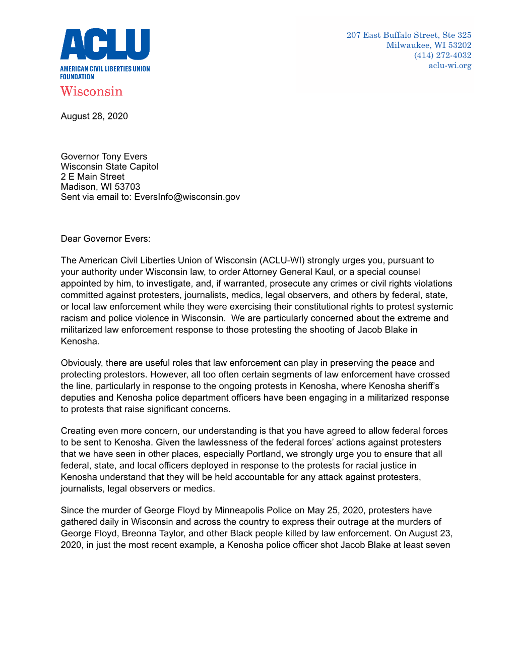 Pdfaclu-WI Special Counsel Letter to the Governor