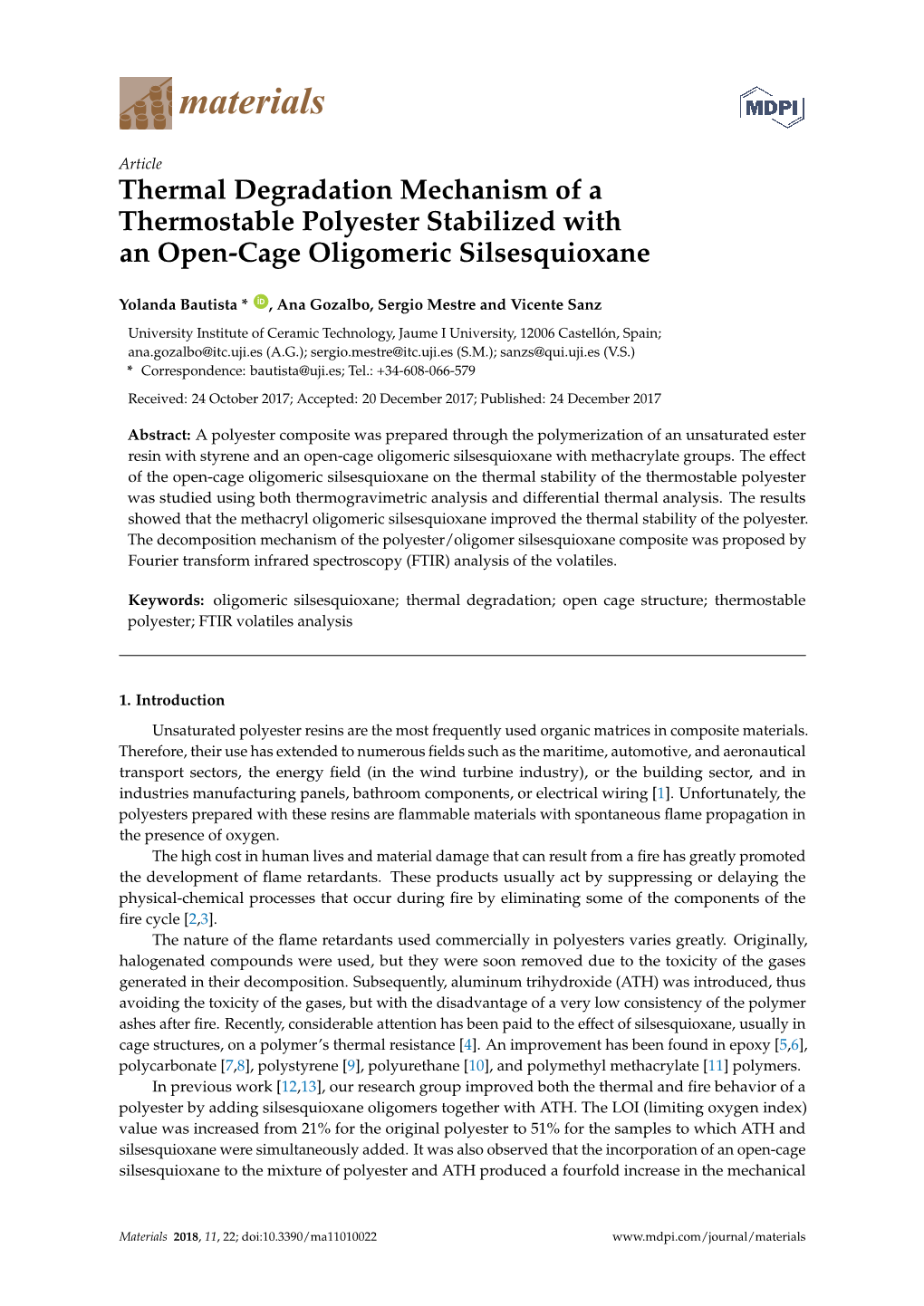 Thermal Degradation Mechanism of a Thermostable Polyester Stabilized with an Open-Cage Oligomeric Silsesquioxane