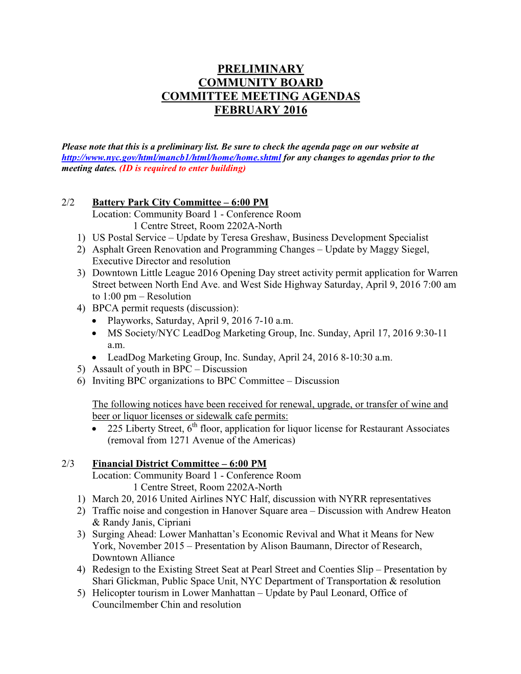 Preliminary Community Board Committee Meeting Agendas February 2016