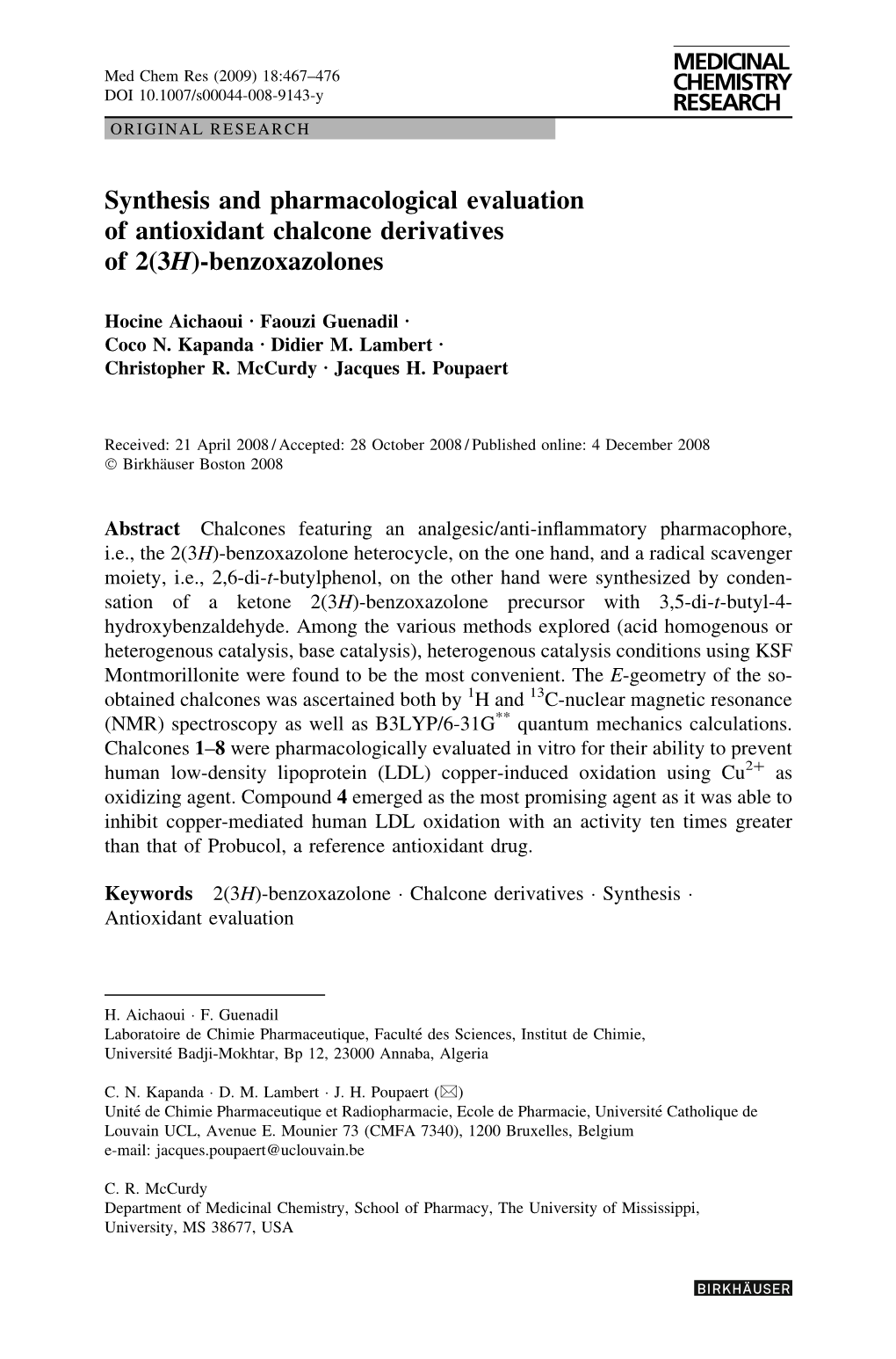 Synthesis and Pharmacological Evaluation of Antioxidant Chalcone Derivatives of 2(3H)-Benzoxazolones